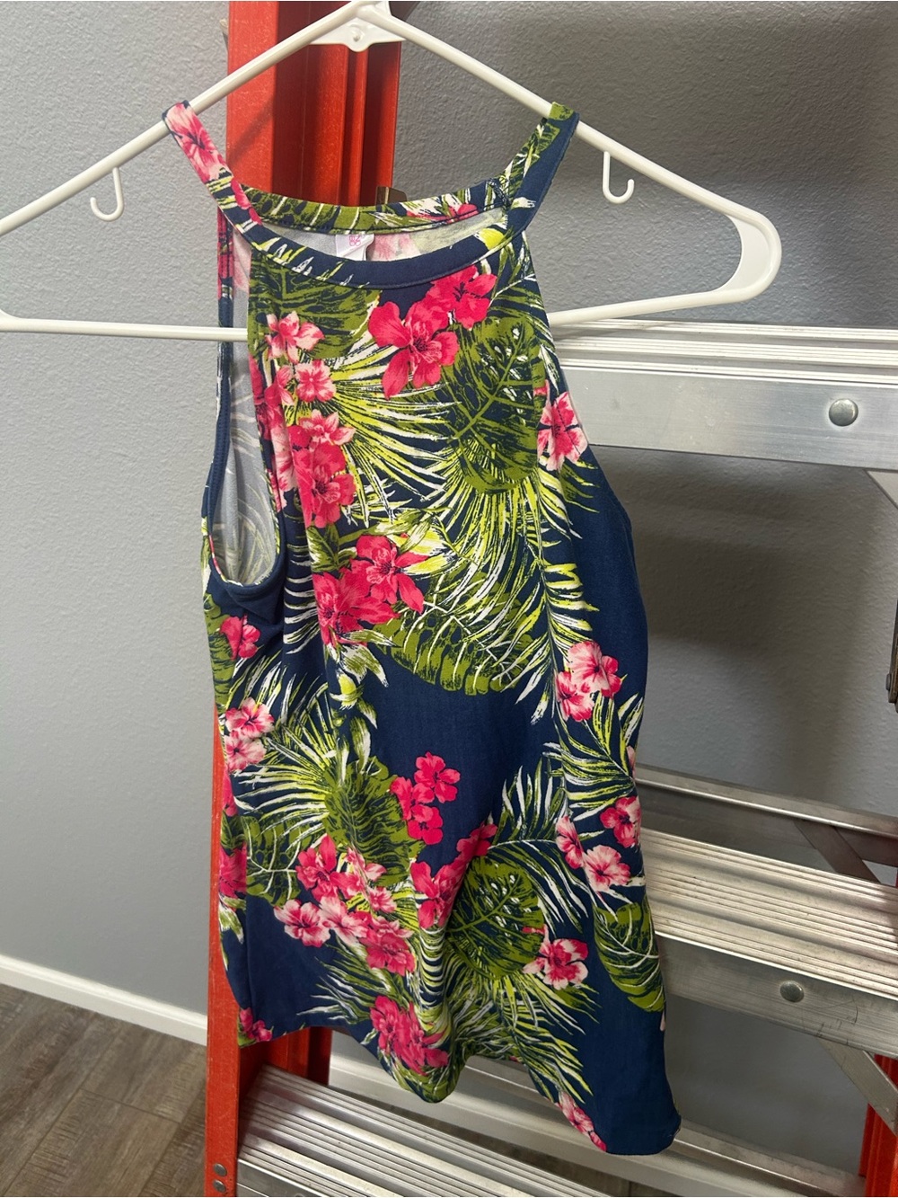 No Boundaries Navy Floral Halter Tank with Pink Hibiscus